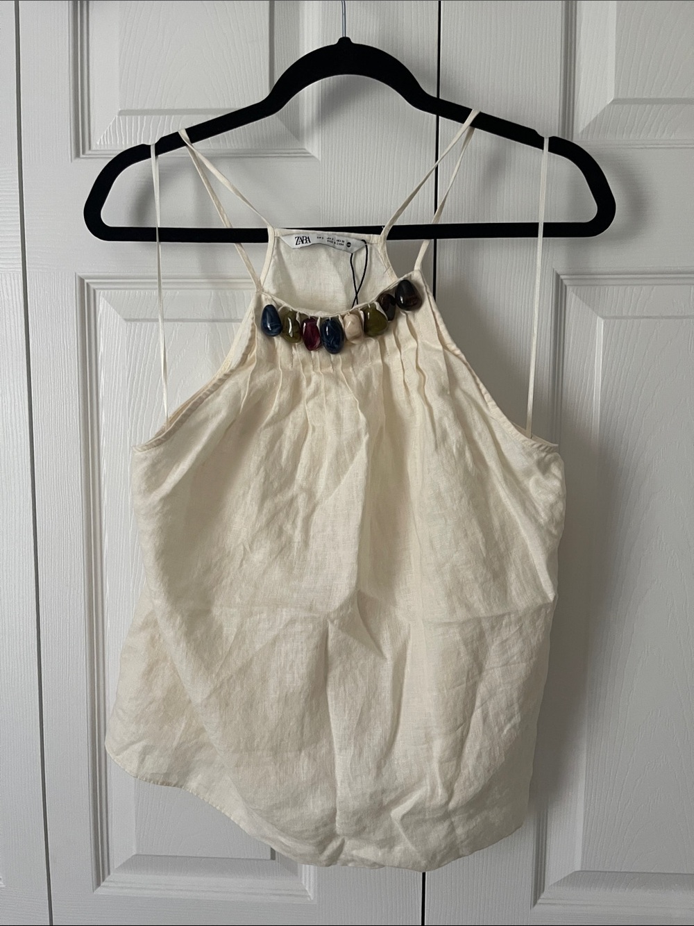 Zara Halter Linen Top with Multicolor Bead Accent